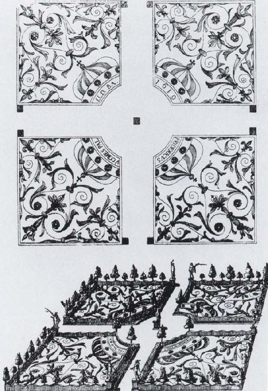 Salomon de Caus Plan and bird-s-eye view of the parterre de broderie at Heidelberg